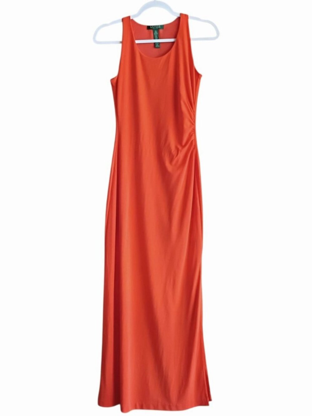 LAUREN RALPH LAUREN Dress Orange Ruched Side Sleeveless Lined Stretch Slit PS